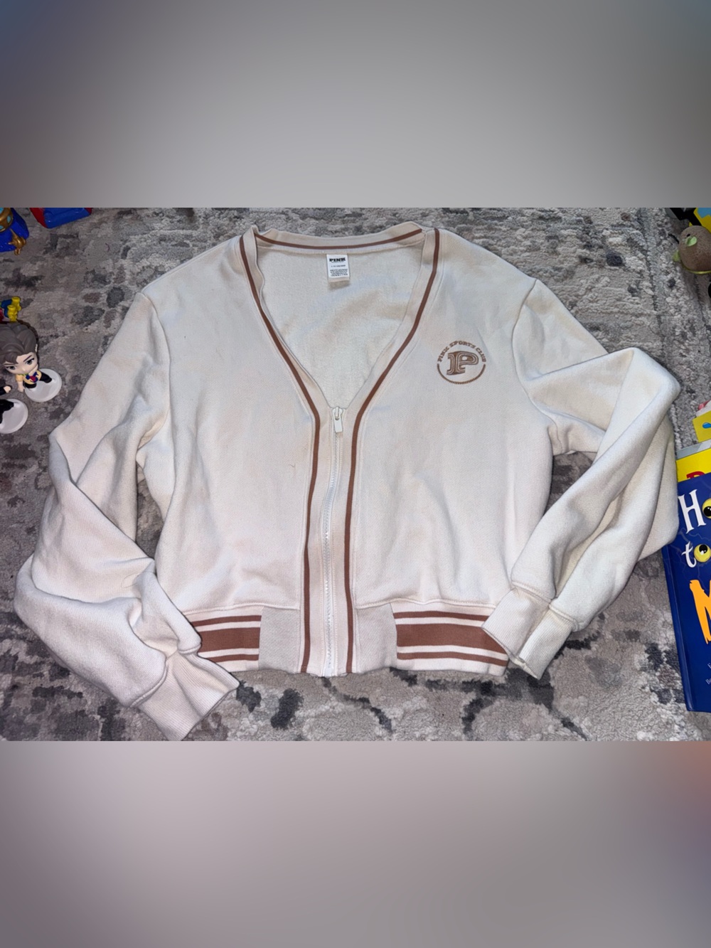 PINK Victoria's Secret Cream V-Neck Zip Sweater with Brown Trim